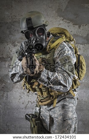 Gas Mask Soldier aiming rifle