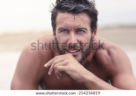 Close up Handsome Thoughtful Athletic Man with No Shirt