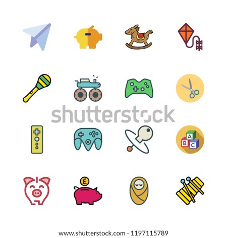 toy icon set. vector set about xylophone, game controller, scissors and piggy bank icons set.