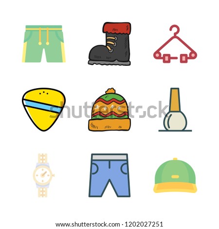 accessory icon set. vector set about wristwatch, nail polish, shoe and guitar pick icons set.