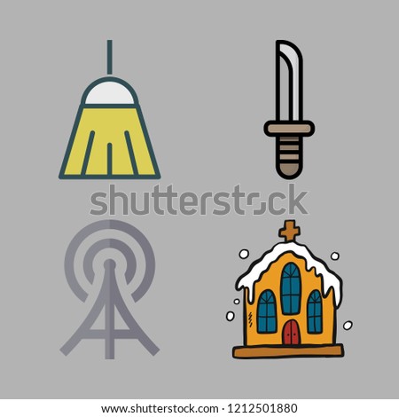 silhouette icon set. vector set about radio antenna, dagger, broom and church icons set.