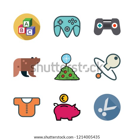 toy icon set. vector set about game controller, abc, christmas tree and bear icons set.