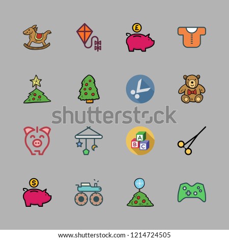 toy icon set. vector set about baby clothes, game controller, monster truck and rocking horse icons set.