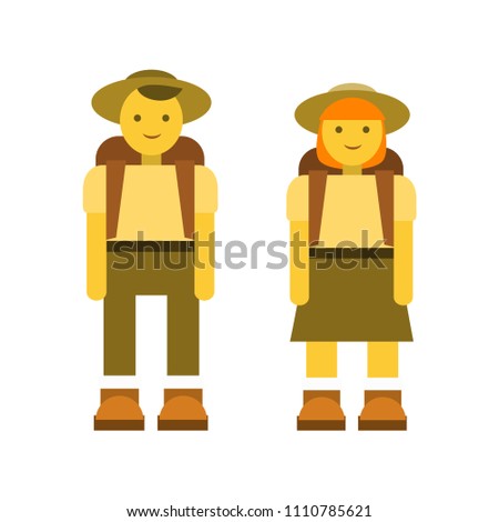 Boy and girl tourist sign, boy skout icons, travel people with backpack flat simple stock vector illustration