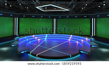 3d virtual news studio green screen background. 3d Rendering.
With a simple setup, a few square feet of space, and Virtual Set, you can transform any location into a spectacular virtual set.