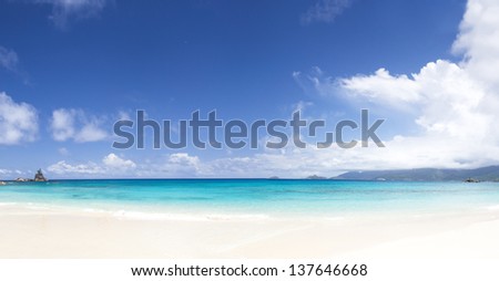 Praslin island, Seychelles. The island of dreams for a rest and relaxation. White coral beach sand.