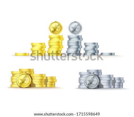 vector silver  and gold stack of coins pile and coin with star on top view from smaller to larger.  Vector illustration  stack