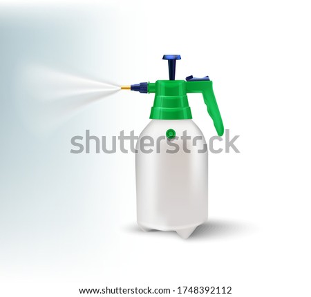 Water in garden container spray with green top. Vector design liquid in bottle. For agriculture and watering plants and vegetables.