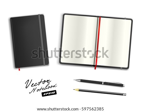 Black open and closed copybook template with elastic band and bookmark. Realistic stationery cerulean black pen and  pencil. Notebook Vector illustration isolated on white background.