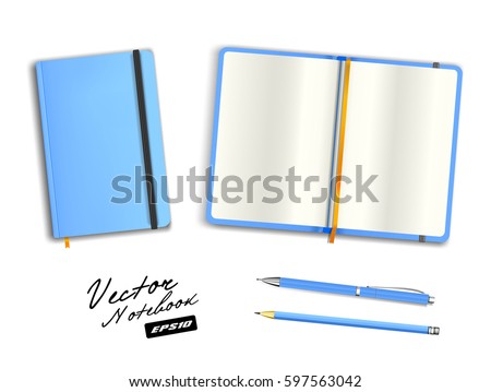 Light blue open and closed copybook template with elastic band and bookmark. Realistic stationery cerulean blank  pen and azure pencil. Notebook Vector illustration isolated on white background.