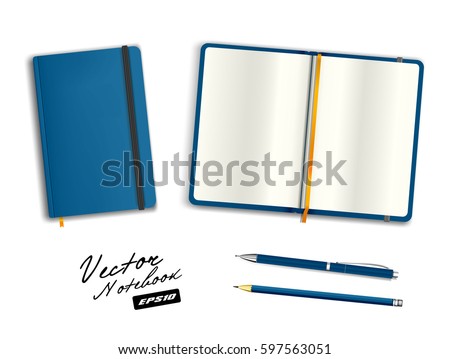 Blue open and closed copybook template with elastic band and bookmark. Realistic stationery cerulean blue  pen and  pencil. Notebook Vector illustration isolated on white background.