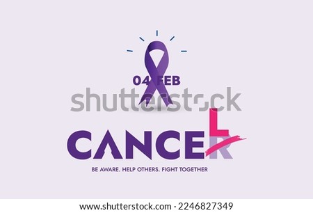 World cancer day. Let's cancel cancer healing post. Be aware post for cancer. 4th February poster. International day for cancer awareness. Breast. purple and pink. Canceling. Ribbon. 