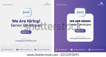 Software developer hiring. We are hiring senior developer. Apply now. software developer hiring announcement banner. programmer, coder job vacancy. programmer recruitment. purple gradient background. 