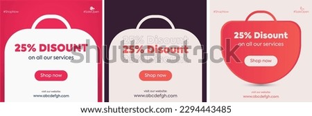 25% Discount sale popup announcement design for social media and website. Discount Popup. Creative Twenty five percent discount post for social media. Three discount options on all products. 25% off