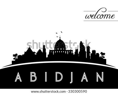 Abidjan skyline silhouette, black and white design, vector illustration