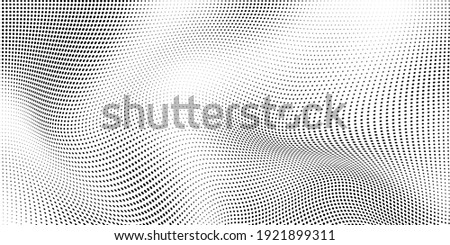 Abstract wave halftone black and white. Monochrome texture for printing on badges, posters, and business cards. Vintage pattern of dots randomly arranged Foto d'archivio © 