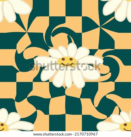 Retro Smile Chamomile Seamless Pattern on 1970 Wavy Swirl Seamless Pattern. Hippie Aesthetic. Floral wallpaper