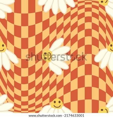 Retro Smile Chamomile Seamless Pattern on 1970 Wavy Swirl Seamless Pattern. Hippie Aesthetic. Floral wallpaper
