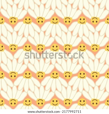 Chamomile smile 1970 pattern. Groovy daisy retro seamless pattern. Hippie Aesthetic