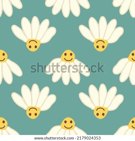 Chamomile smile 1970 pattern. Groovy daisy retro seamless pattern. Hippie Aesthetic