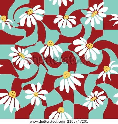 Groovy daisy retro seamless pattern. Retro Smile Chamomile Pattern on 1970 Wavy Swirl. Hippie Aesthetic