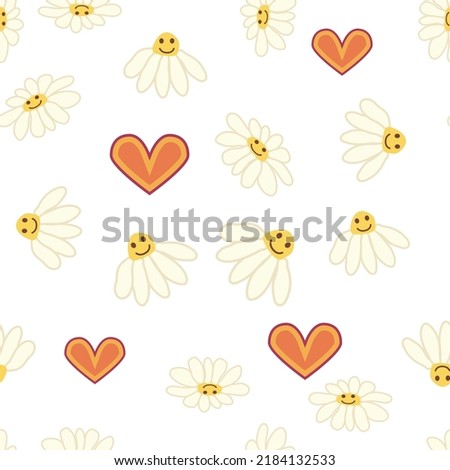 Groovy daisy retro seamless pattern. 70s vibe hippie ornament. Floral wallpaper