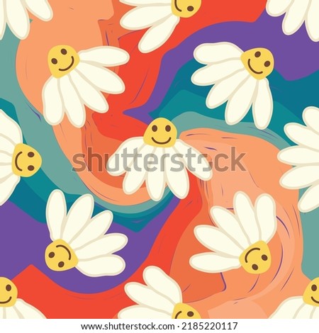 Retro Smile Chamomile Seamless Pattern on 1970 Wavy Swirl Seamless Pattern. Hippie Aesthetic. Floral wallpaper