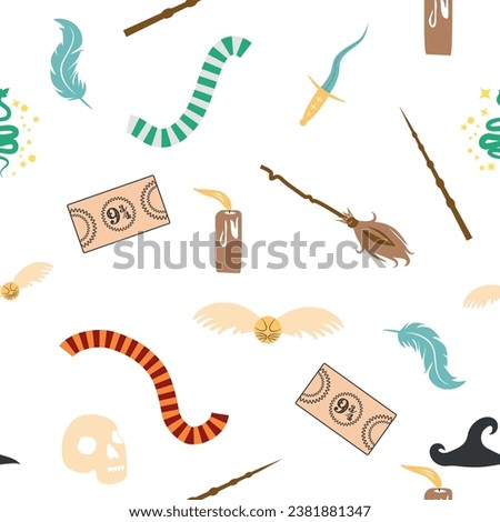 Magic items seamless pattern in flat style. School of Magic. Pumpkin, key, magic ball, feather, spider, hat, broom, skull, snake, goblet, wand, candle, snitch, book, faculty, ticket, cauldron, card
