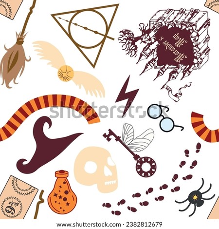 Magic items seamless pattern in flat style. School of Magic. Pumpkin, key, magic ball, feather, spider, hat, broom, skull, snake, goblet, wand, candle, snitch, book, faculty, ticket, cauldron, card