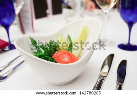 Light vegetable appetizer on restaurant table