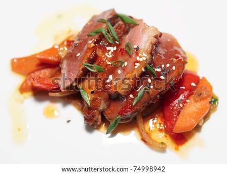 Duck fillet with savory sauce, asian style dish