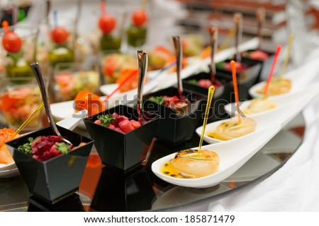 Various snacks on table, banquet food