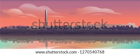 Panorama view of spring of National mall USA Washington DC monument with twilight or morning dawn sky,Vector Summer or Spring landscape, Panoramic city dusk landscape of USA famous skyline panoramic.