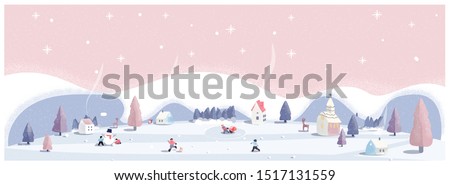 Panoramic vector illustration of winter wonderland in pink pastel background.The cute small village in Christmas day with snow.Kids playing outside with snowman and snowball.Minimal winter landscape.