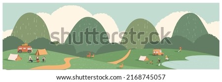 Web panoramic vector illustration of Summer mountain camping.School’s out stories of children and families enjoying their long-awaited vacations and staycations.Let’s go to summer