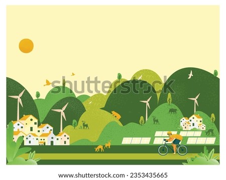 vector illustration of green eco city.city environment with solar panel wind turbine and people rode a bicycle.Save the earth concept. 