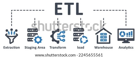 ETL icon - vector illustration . Etl, extract, transform, load, extraction, staging, area, data, warehouse, analytics, infographic, template, presentation, concept, banner, icon set, icons .