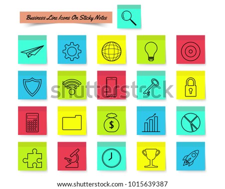 Vector Illustration Ready-To-Use 21 Business Line Icons On Sticky Notes Designed as Multiple Objects Involved In Work, Startup, Finance, Data Security, Entrepreneurship, Management, Achievement.