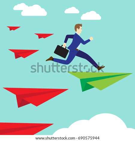 Business Concept As A Businessman Is Jumping Up From A Red Rocket Paper To A Green One. It Means Changing Or Shifting From Wrong Methods, Ways, Standards To The Right Or Accurate Ones.
