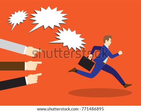 Vector Illustration Business Concept Designed As A Businessman Is Running Away From Others Accusation With Pointing And Shouting At Him. He Is Escaping from Seriously Criticism And Blame. Foto stock © 