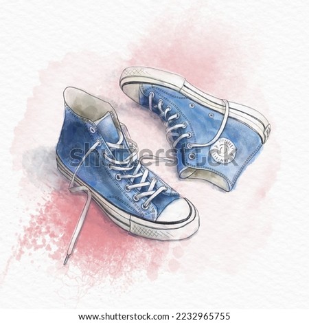 Watercolor drawing of blue sneakers on watercolor paper with splashes of pink paint. Hand drawing. Fashion illustration. Digital art.