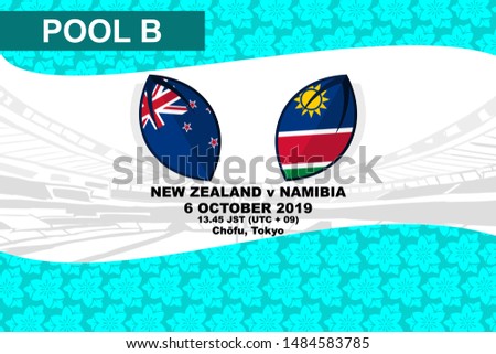 Pool B, New Zealand vs Namibia, Rugby  world match 2019, sakura pattern and stadium background Vector illustration.