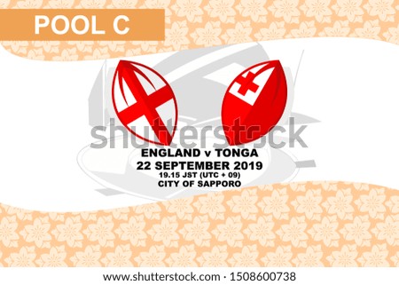 Pool C, England vs Tonga, Rugby match 2019, sakura pattern and stadium background Vector illustration.