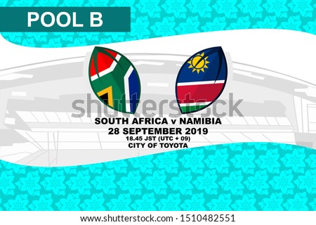 Pool B, South Africa vs Namibia, Rugby match 2019, sakura pattern and stadium background Vector illustration.