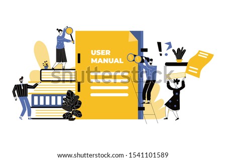 User manual concept. Small people with guide instruction or textbooks. User reading guidebook and writing guidance. Vector illustration. Manual book instruction, handbook help guide
