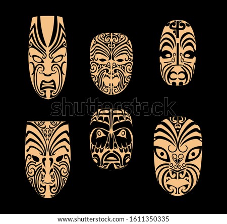 Collection tattoo of Maori traditional mask. Set of New Zealand face.Traditional african and polynesian totem symbols