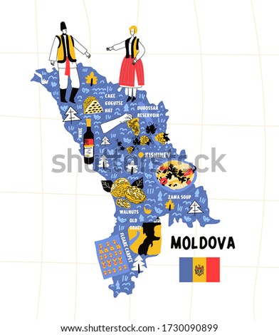 Moldova map flat hand drawn vector illustration flag. Names lettering and cartoon landmarks, tourist attractions cliparts. Kishinev  travel, trip comic infographic poster, banner concept design 