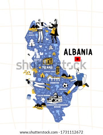 Albania map flat hand drawn vector illustration flag. Names lettering and cartoon landmarks, tourist attractions cliparts. Tirana travel, trip comic infographic poster, banner concept design