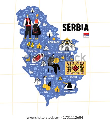 Serbia map flat hand drawn vector illustration flag. Names lettering and cartoon landmarks, tourist attractions cliparts. Belgrade travel, trip comic infographic poster, banner concept design
