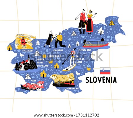 Slovenia map flat hand drawn vector illustration flag. Names lettering and cartoon landmarks, tourist attractions cliparts. Ljubljana travel, trip comic infographic poster, banner concept design


